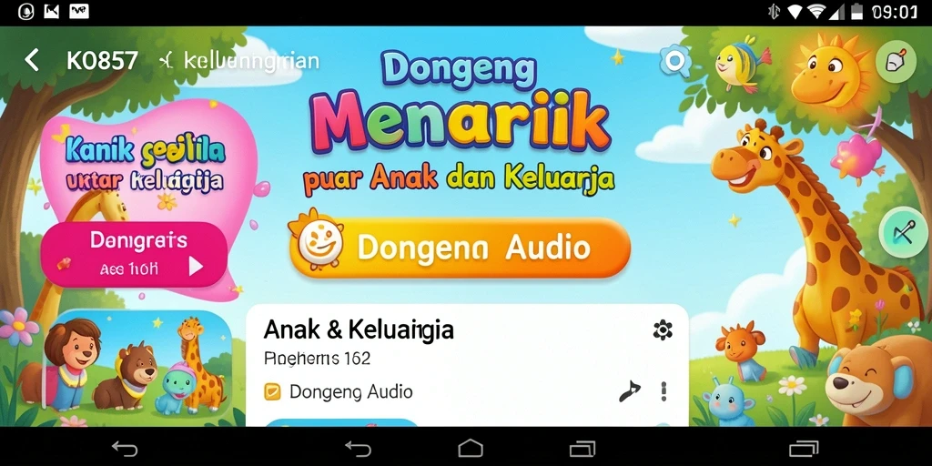 Antarmuka aplikasi KO857 yang ramah anak dengan berbagai fitur dongeng audio.