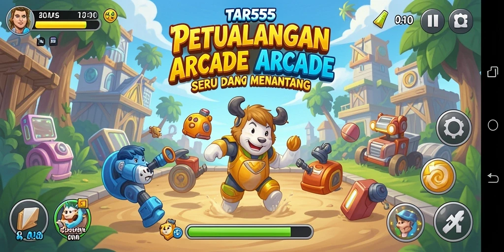 Antarmuka TAR555 yang menarik dengan elemen arcade yang dinamis.